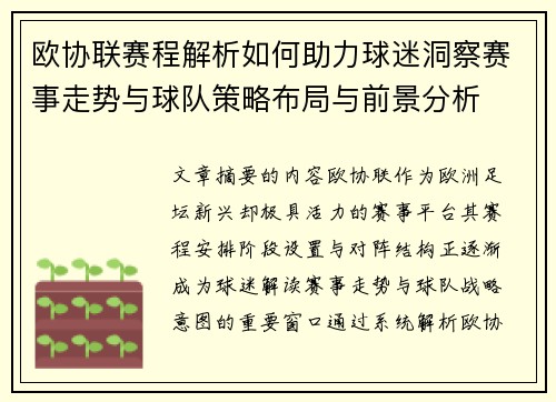 欧协联赛程解析如何助力球迷洞察赛事走势与球队策略布局与前景分析